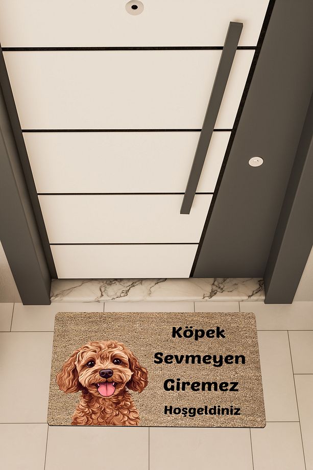 Kaliteli Dijital Baskı Kahverengi, Köpek Sevmyen Giremezz temalı Kapı Önü Paspası - 1