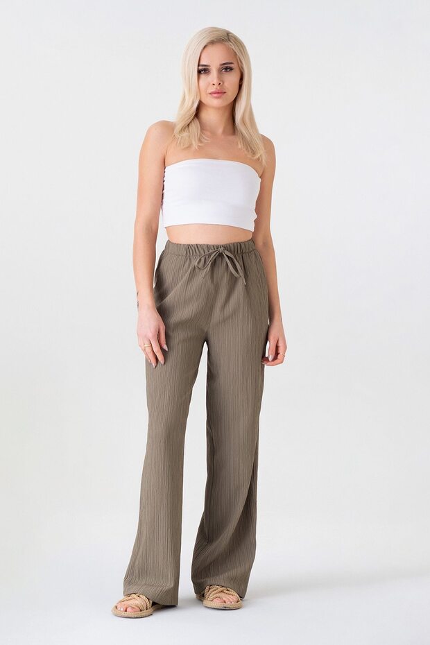 Crinkle Elastic Waist Pocket Comfortable Women's Trousers - Khaki