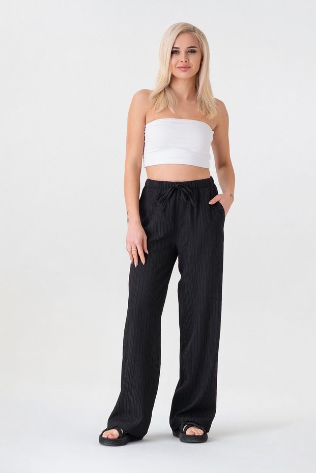 Crinkle Elastic Waist Pocket Comfortable Women's Trousers - Black