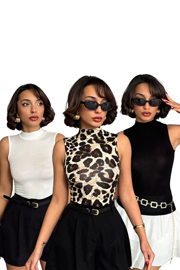 Women's Black Ecru Leopard 3-Pack Stand Collar Zero Sleeve Viscose Blouse