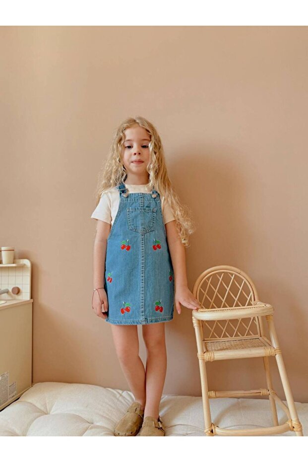 Girl's Cherry Patterned 100% Cotton Denim Gilet