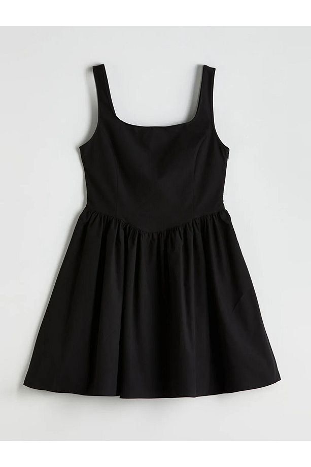 XSIDE Siyah Kare Yaka Poplin Mini Elbise - 3