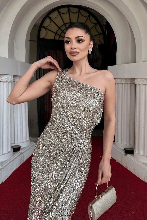 Payet Kumaş Tek Kol Kalem Elbise - GOLD - 4