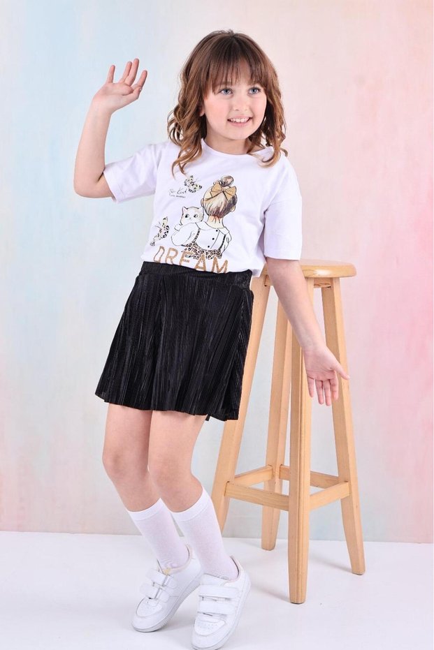 Girl's Cotton Fabric White-Black Color Shorts and Skirt Double Set