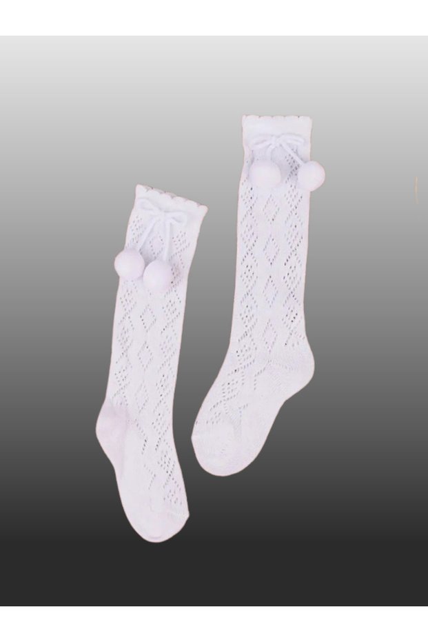 1-Piece Baby Girl Pom Pom Ribbon Detailed Knee Socks White