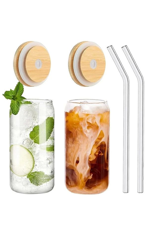 2'Li Isıya Dayanıklı Cam Pipetli Bambu Kapaklı Bubble Tea Ve Borosilikat Bardak 550 Ml. - 1