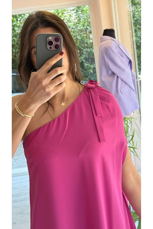 Pembe Tek Omuz Uzun Boy Elbise - 2