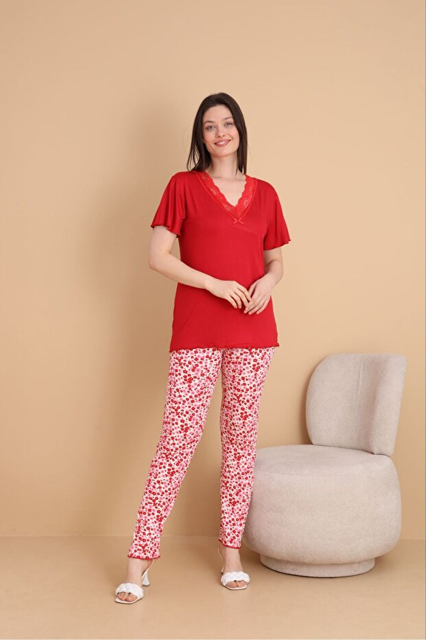 100% Bamboo Lace Collar Detailed Pjama Set