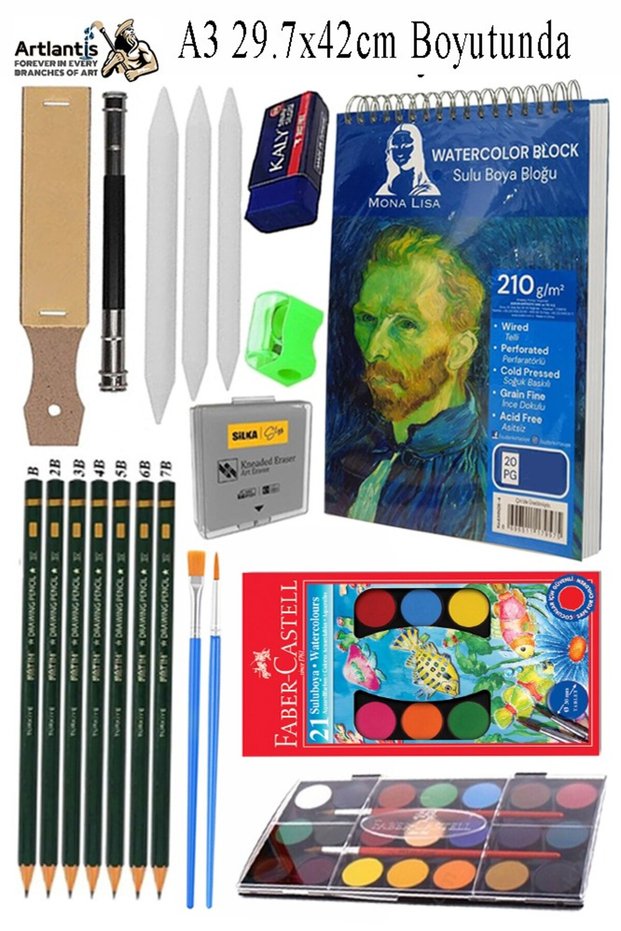 Watercolor Block Paper with Wire A3 210Gr 20 Sheets Fine Textured Shading Sanding 21 Colors Watercolor De