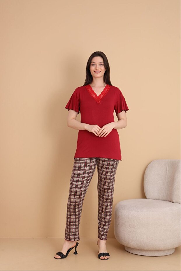 Beige Plaid - Burgundy 2-Piece Combi V Lace Detailed Bamboo Pajama Set