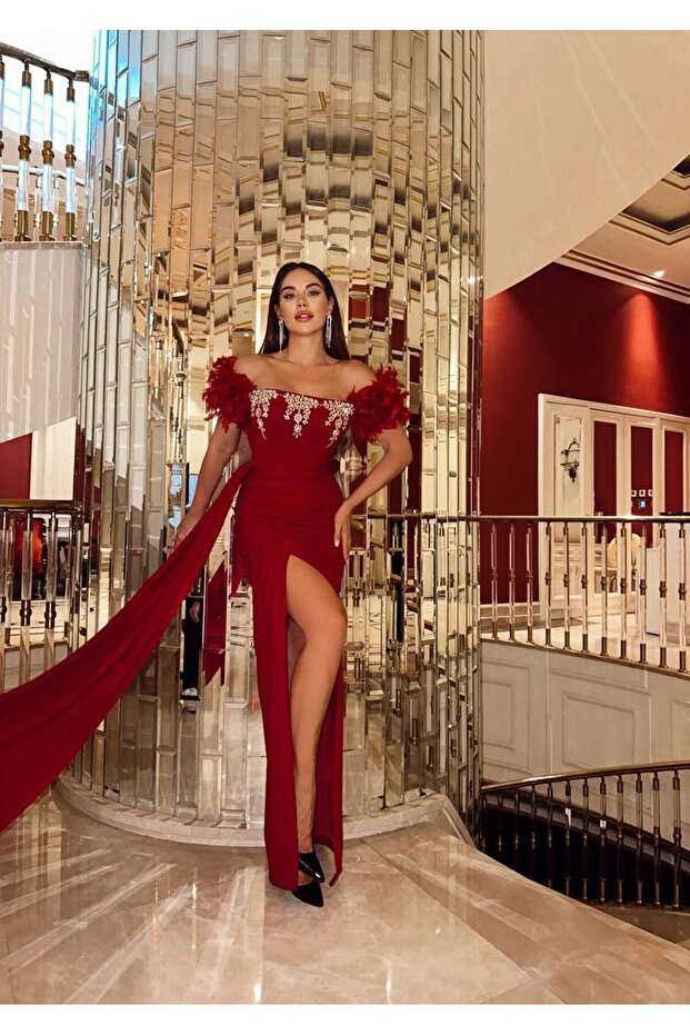 Stone Embroidered Feather Sleeve Detailed Slit Evening Dress