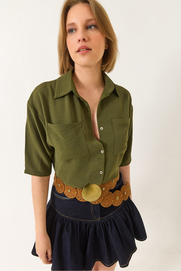 Women's Green Double Pocket Detailed Linen Aerobin Oversize Short Shirt 4619 60281020