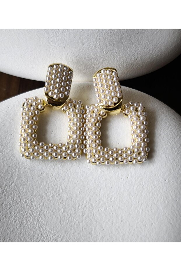 Square Gold Plate over Pearl Earrings
