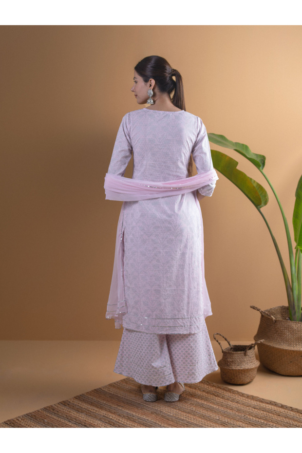 Printed Straight Kurta with Palazzo and Chiffon Solid Dupatta Set - 4
