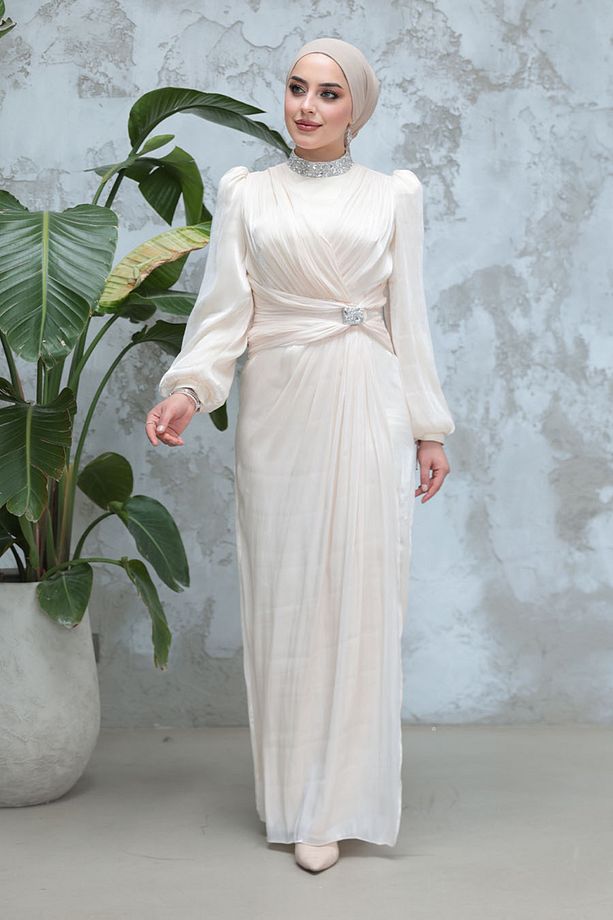 Drape Detaylı Ekru Tesettür Abiye Elbise 50581e - 1