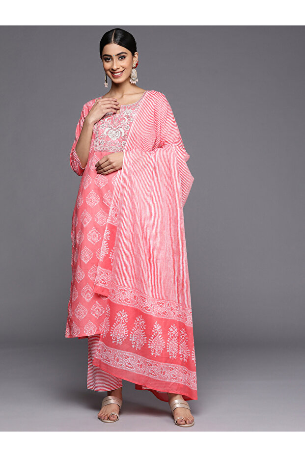 All-Over Print Kurta and and Trousers with Dupatta Set - 1