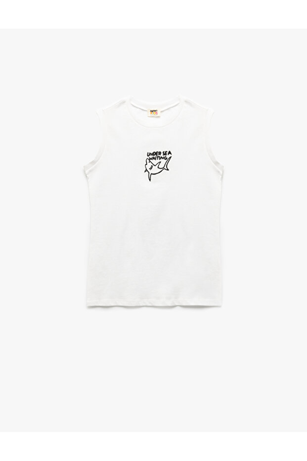 Crew Neck Shark Embroidery Detailed Cotton Tank Top