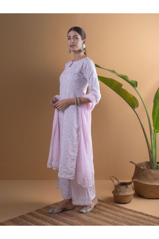 Printed Straight Kurta with Palazzo and Chiffon Solid Dupatta Set - 2