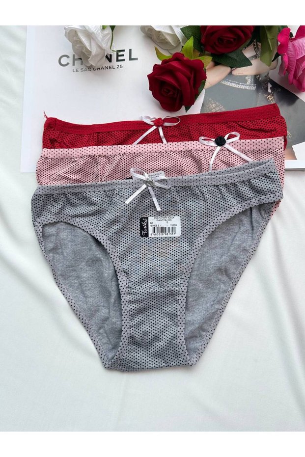 Set of 3 Women's Panties with Polka Dot Ribbon - Red/Pink/Grey
