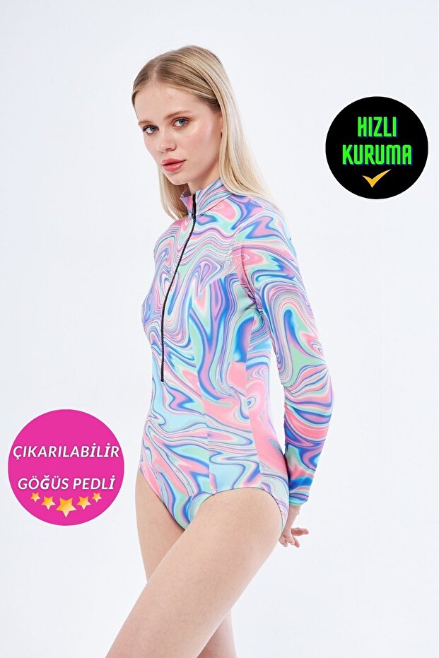 Abstract Pattern Zipper Long Sleeve Women's Swimsuit Surfing Swimwear