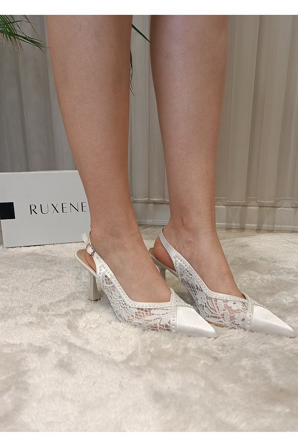 Lace Dantel Ve Inci Taş Detaylı Sivri Burun 8 Cm Kadeh Topuk Gelin Ayakkabısı - 7