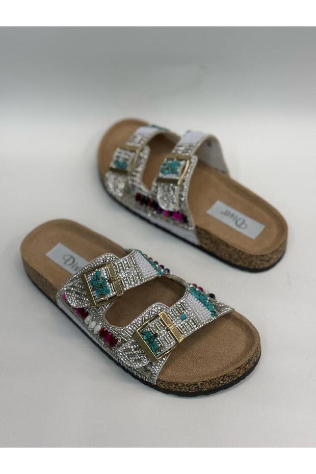 White Multi Double Buckle Orthopedic Women's Slippers