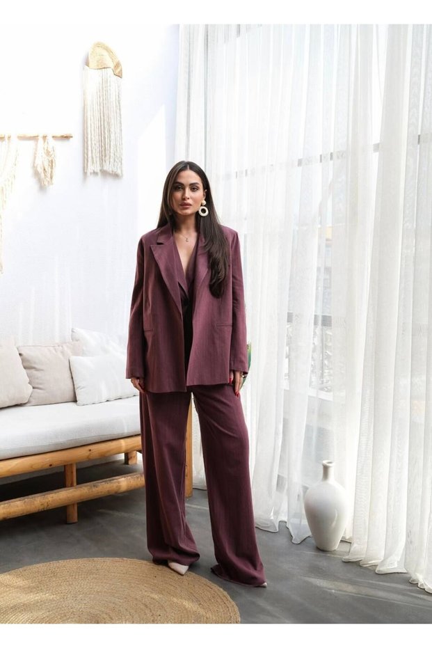 Linen Pantalon Jacket Suit-M - Bordo