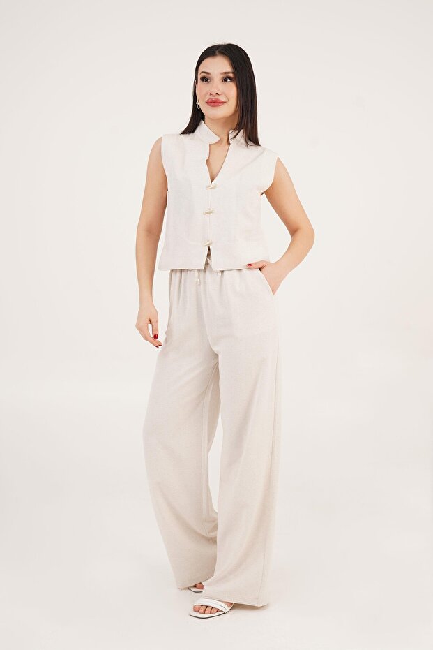 Gold Button Detail Judge Collar Vest and Trousers Stone Double Set