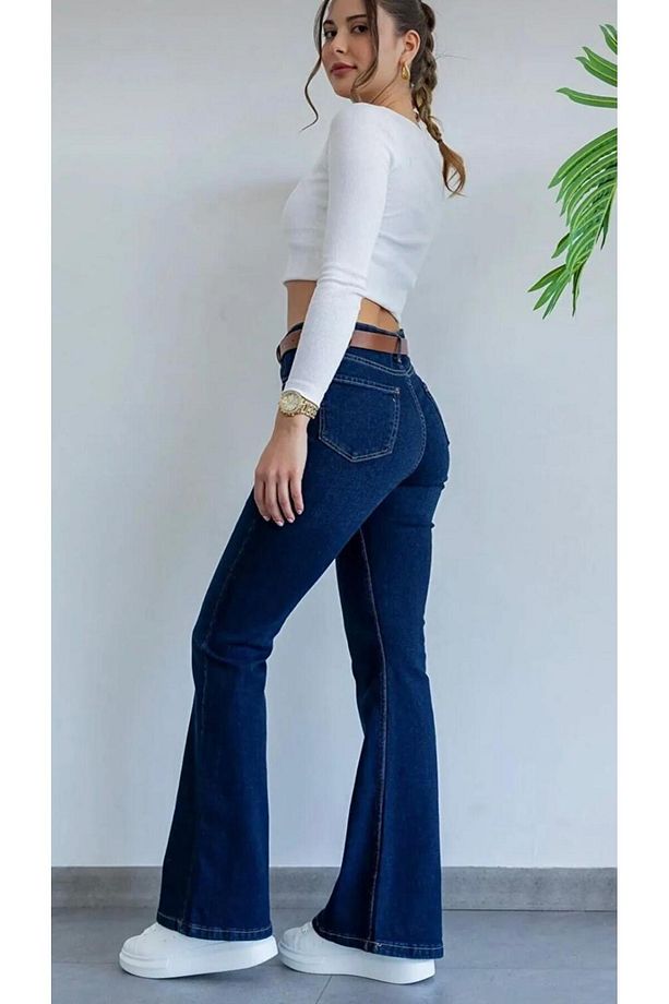 Yüksekbel Likralı Ispanyol Paça Jeans - 1
