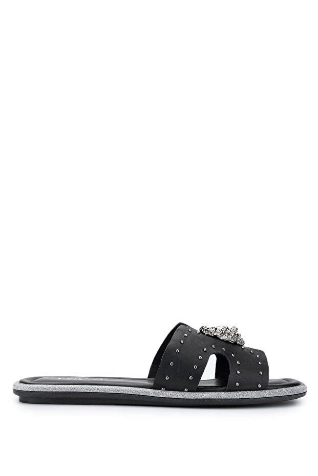 Women's Genuine Leather Black Flat Slippers