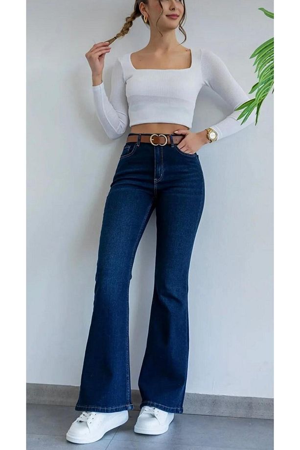 Yüksekbel Likralı Ispanyol Paça Jeans - 2