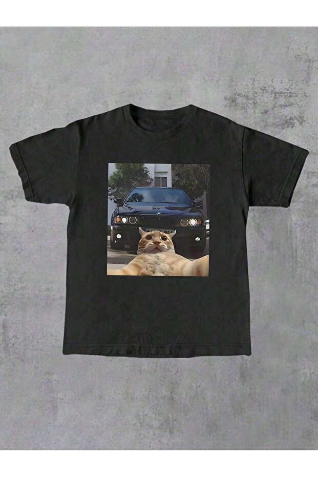 Unisex, Car and Cat Printed, Oversize T-Shirt,