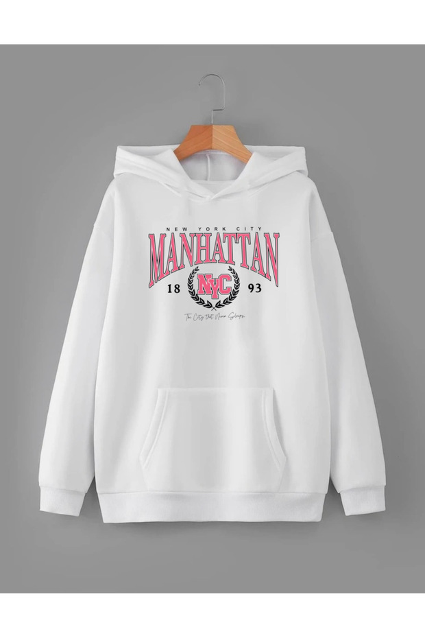 OVERSİZE MANHATTAN BASKI DETAYLI KAPÜŞONLU BASİC SWEATSHİRT