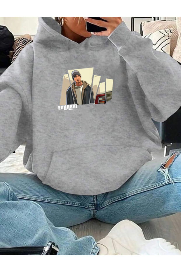 OVERSİZE EMİNEM BASKI DETAYLI KAPÜŞONLU BASİC SWEATSHİRT