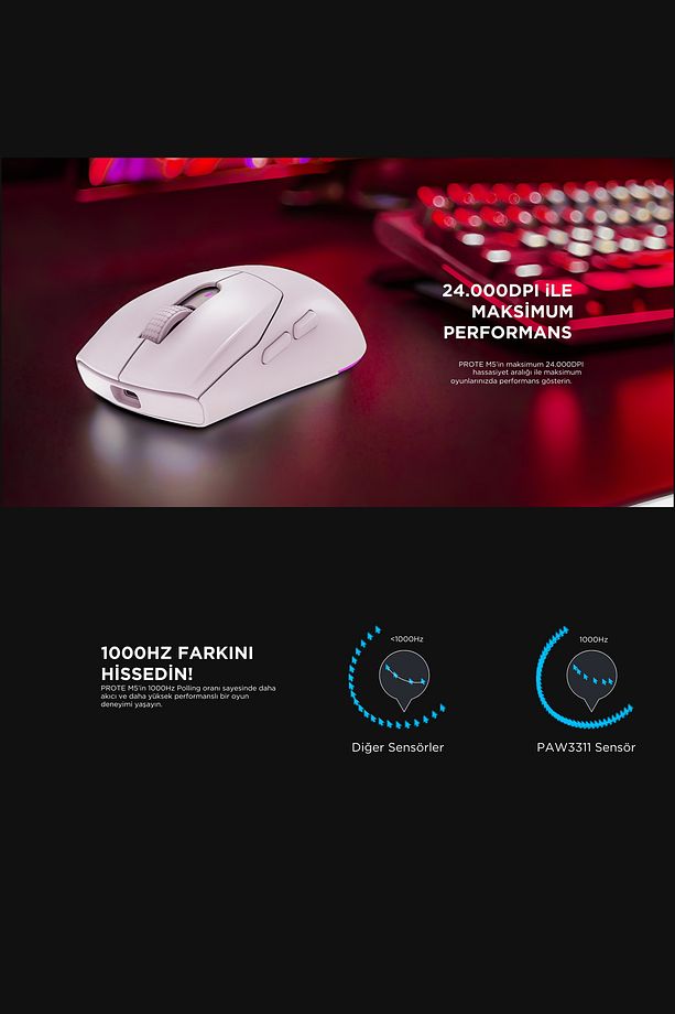 Prote M5 Bluetooth-kablosuz-kablolu Rgb Şarjlı 24000 Dpı 3311 Hafif Gaming Mouse Oyuncu Mouse Beyaz - 5