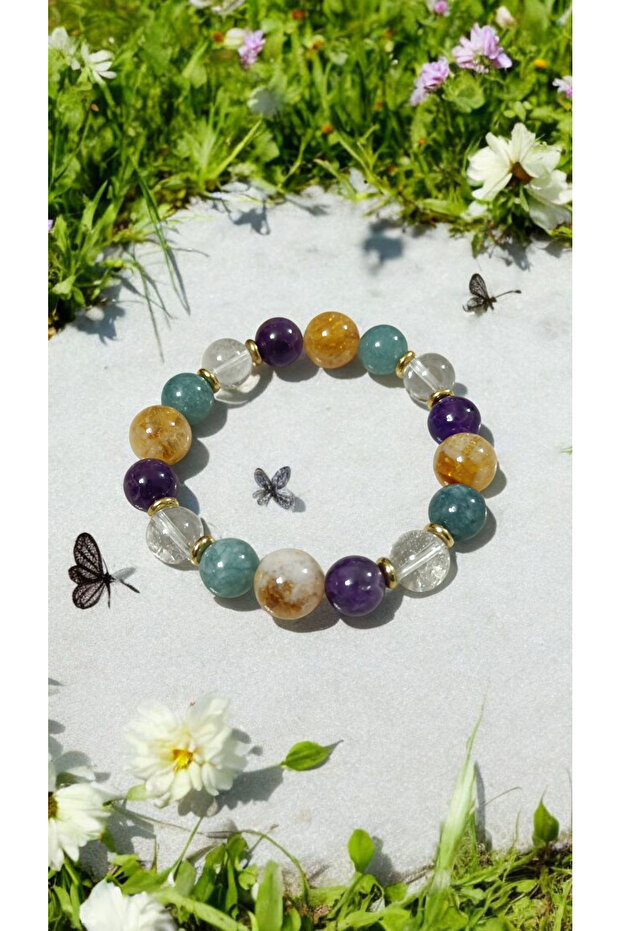 Citrine Crystal Quartz Aquamarine Amethyst (Gutter Positive Energy Protection Shield) Bracelet