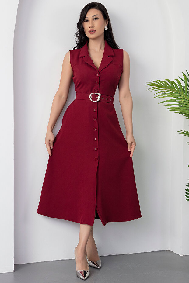 Boydan Düğmeli Yakalı Kemerli Elbise DKS1124 - 1