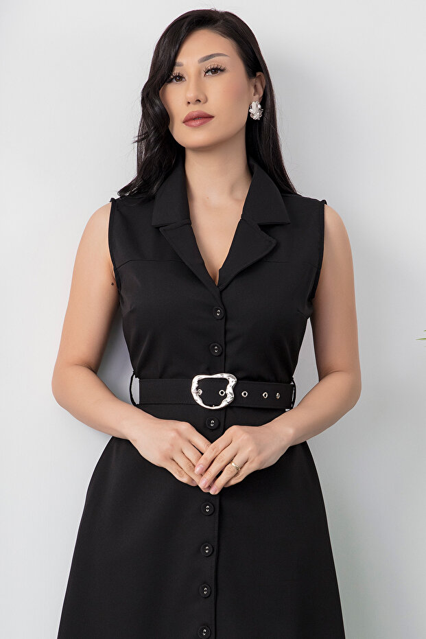 Boydan Düğmeli Yakalı Kemerli Elbise DKS1124 - 2