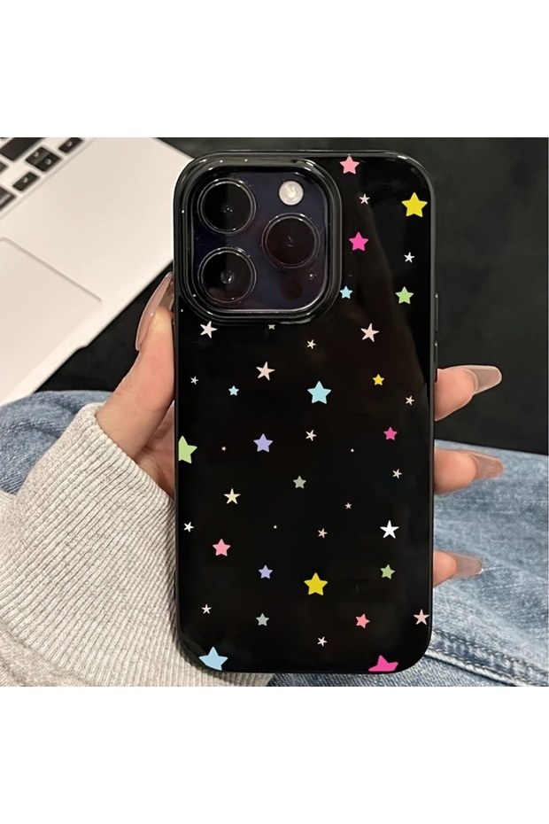 حافظة لهاتف آيفون 15 بلس باللون الأسود الفاخر - مقاومة للصدمات، مع نمط نجمة ملون - 4