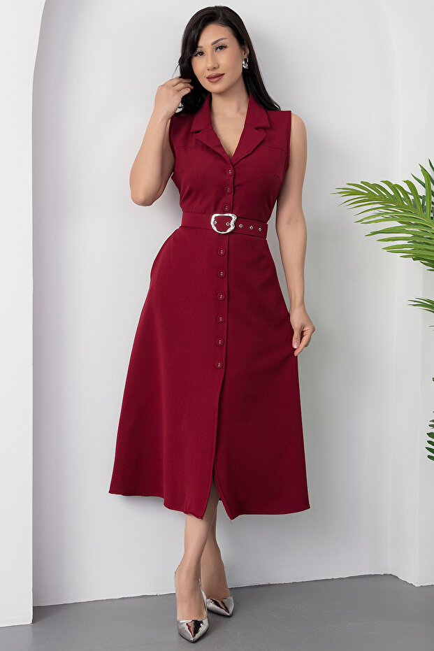 Boydan Düğmeli Yakalı Kemerli Elbise DKS1124 - 3