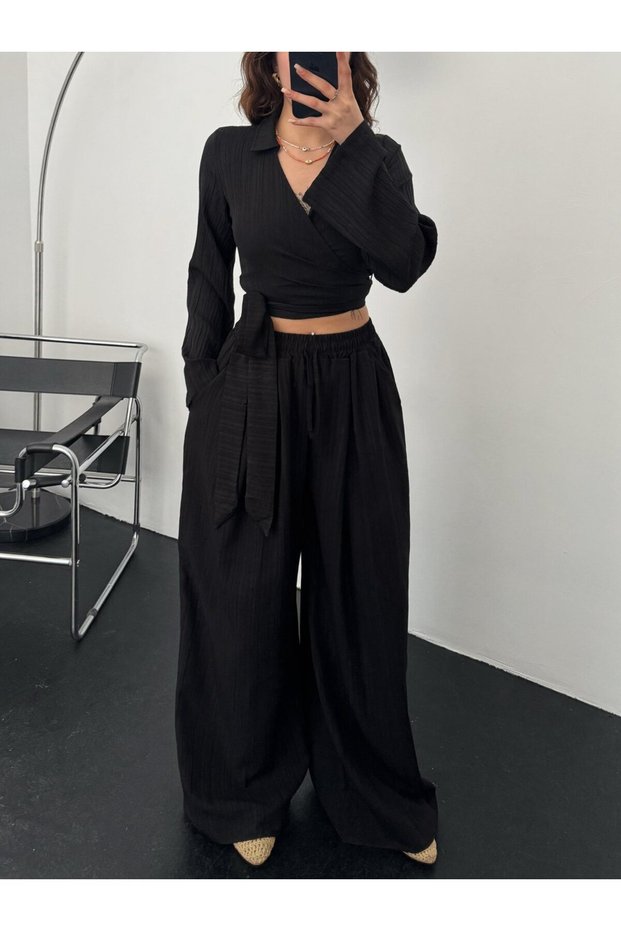 Women's Seersucker Crop Pantalon Set