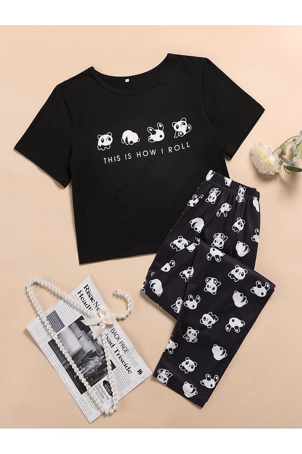 Panda Grafik Tişört ve Pantolon Pijama Takımı - 1