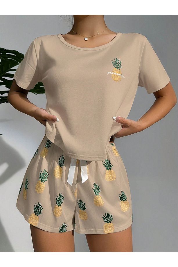 Ananas Desenli Yuvarlak Yaka Üst ve Şort Pijama Takımı - 5
