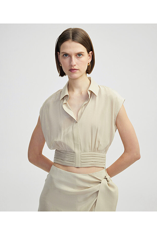 Drapeli gömlek yaka bluz - 1