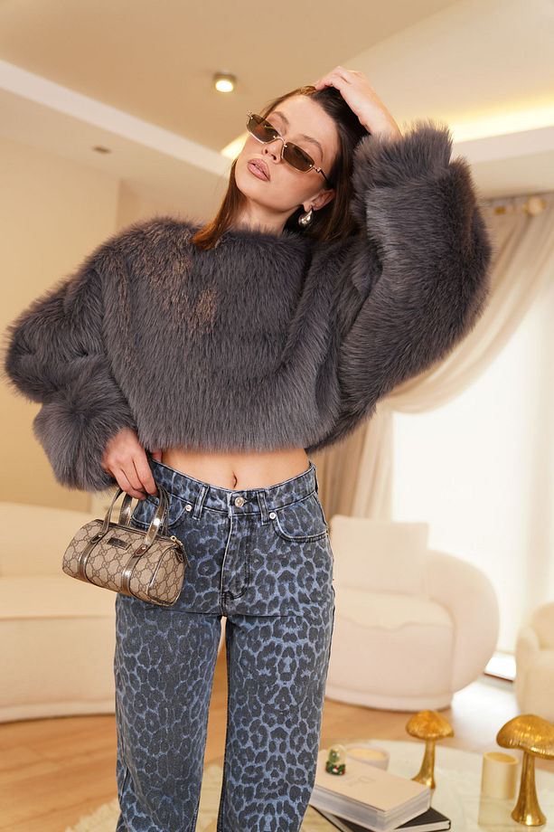 Antrasit Zr Crop Kürk Sweatshirt - 5