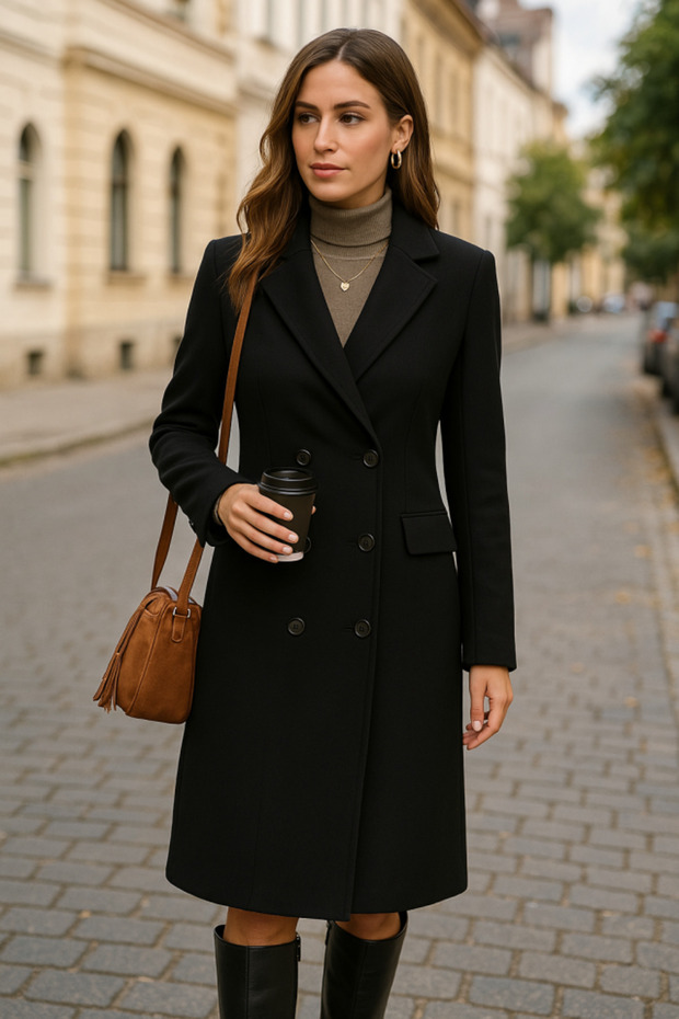 Women's Long Sleeve Collared Buttoned and Pocketed Cashmere Coat