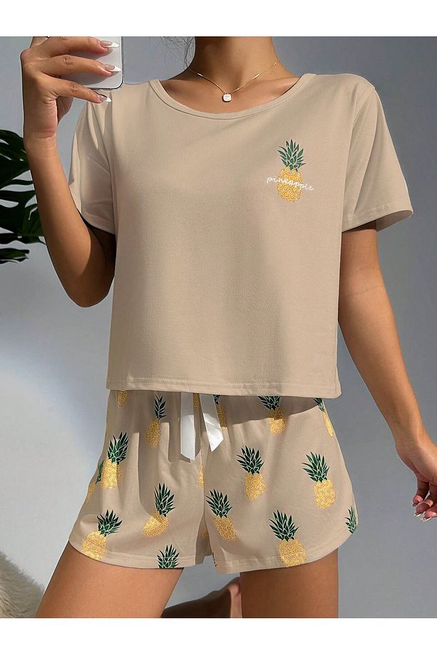 Ananas Desenli Yuvarlak Yaka Üst ve Şort Pijama Takımı - 3