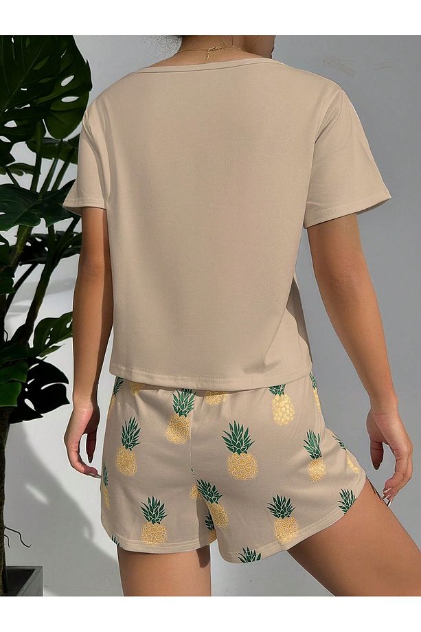Ananas Desenli Yuvarlak Yaka Üst ve Şort Pijama Takımı - 2