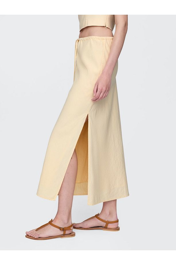 Kadın Bej Linen-Blend Midi Etek - 4