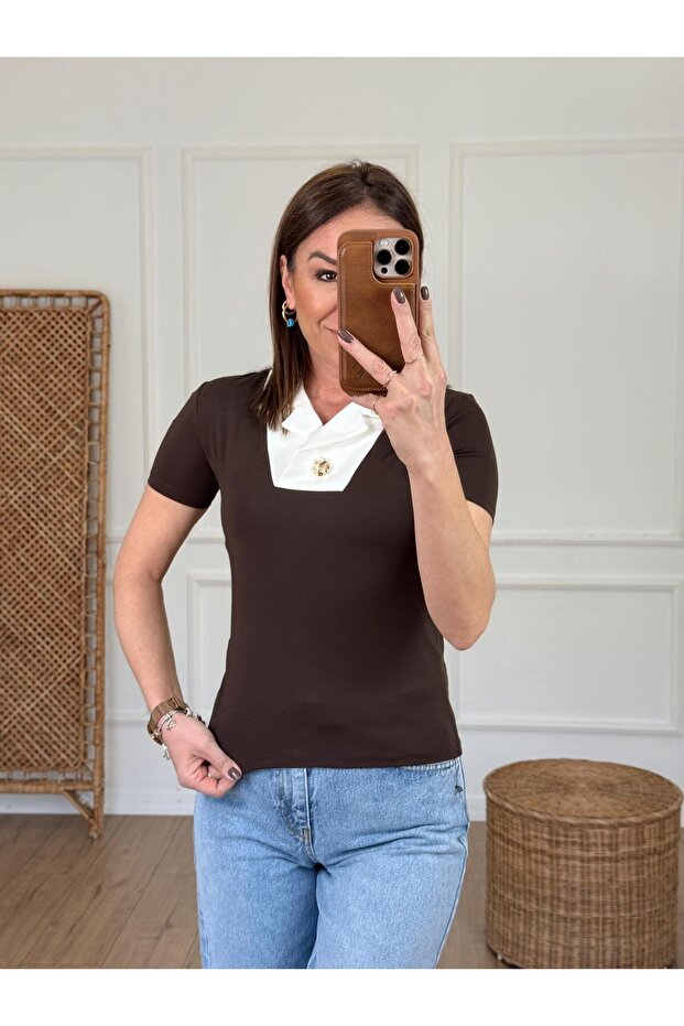 قميص بياقة بأزرار مفصلة بأزرار باللون البني - 2